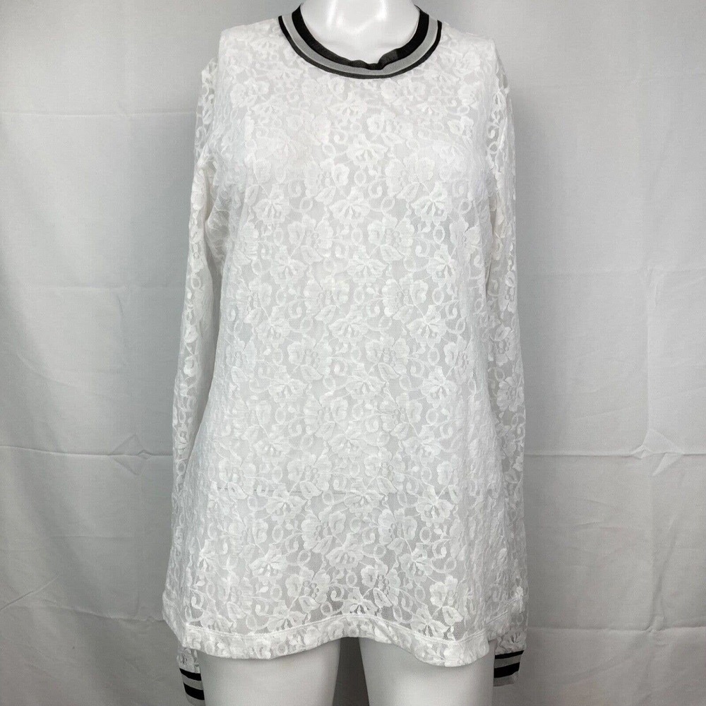 Petit Pois Shirt Womens Sz L White Lace Black Crew Neck Long Sleeve Blouse Sheer
